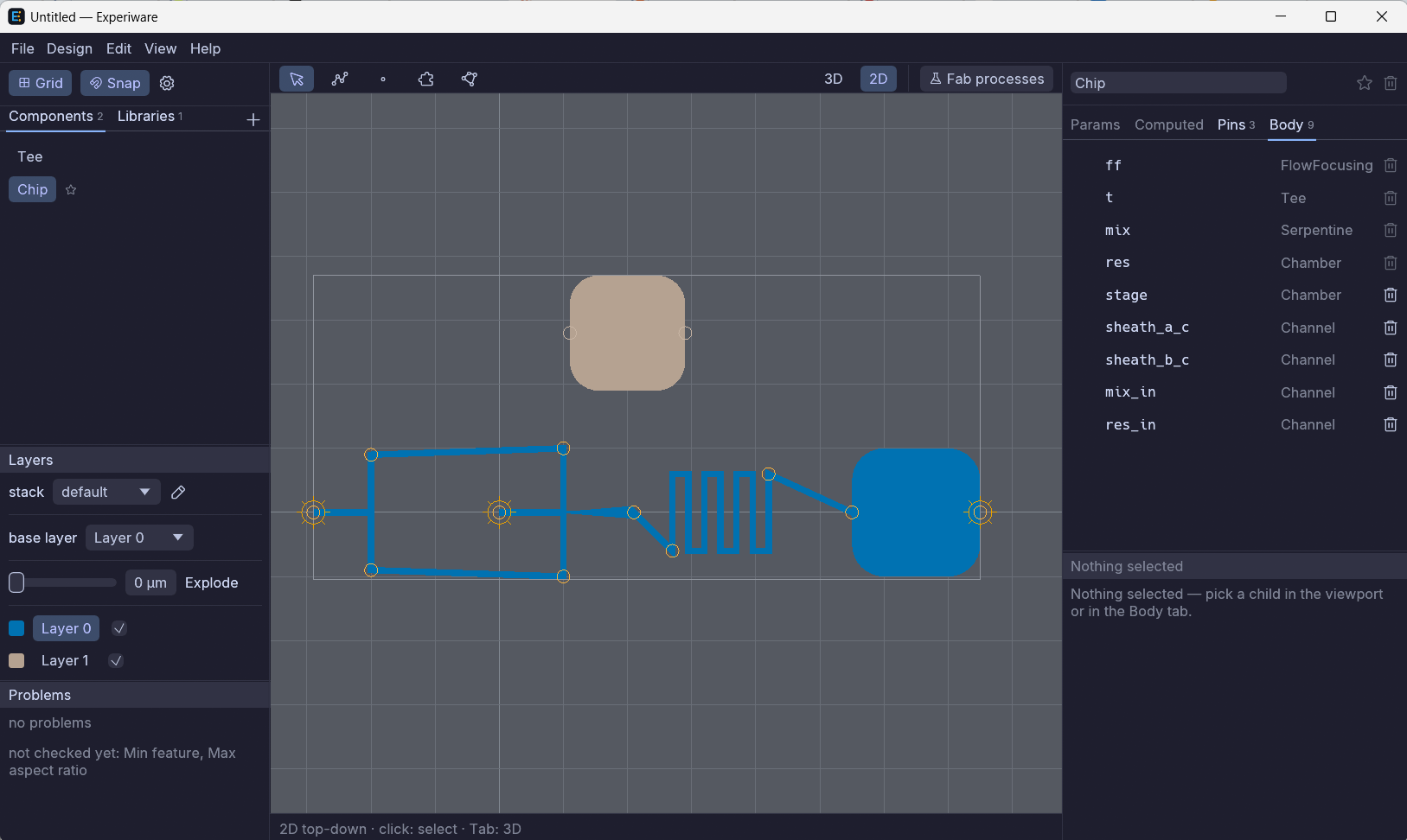 The Experiware window on the starter sample, in the 2D top-down view with nothing selected