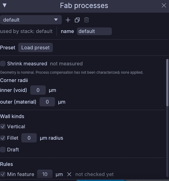 The Fab processes window: the pool strip and name over the preset, compensation, corner radii, wall kinds and the rule deck