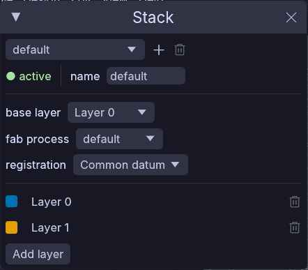The Stack window: the stack strip, the base layer, fab process and registration rows, and the two layer rows