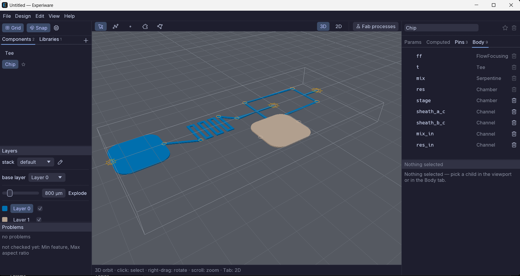 The Experiware editor: a chip design in the 3D viewport with the component, layer and problem panels around it.